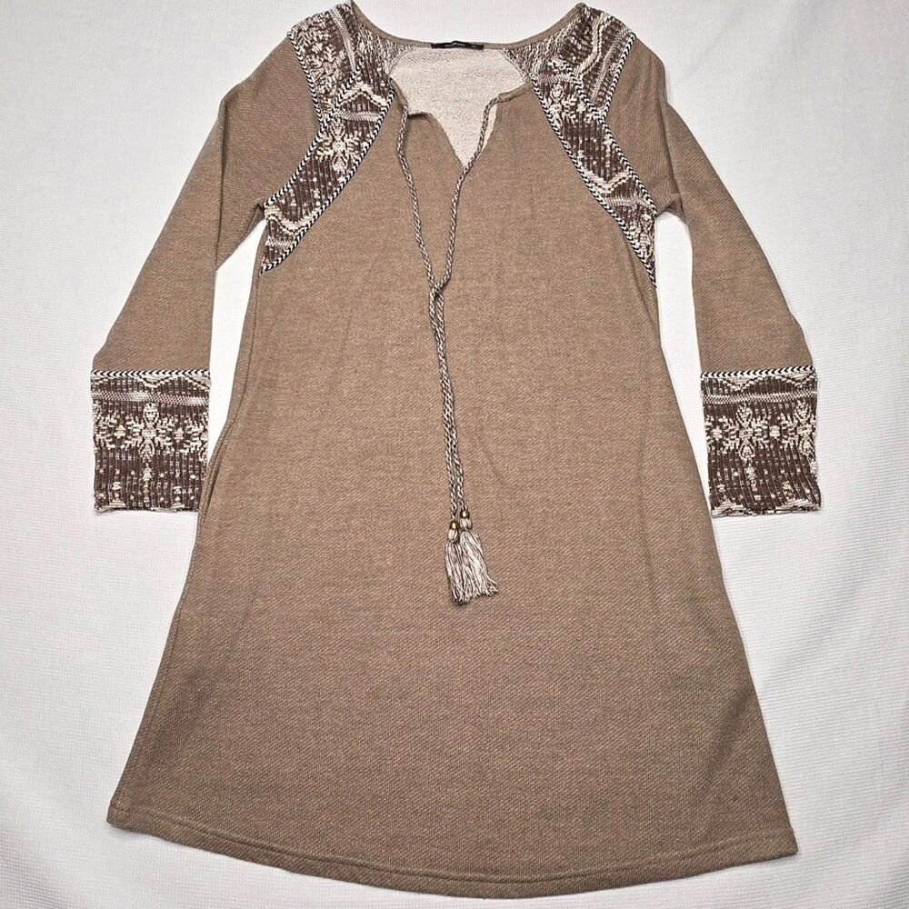 Annabelle Women’s S Tan Beige White Embroidered Sweater Dress LS Boho Knit